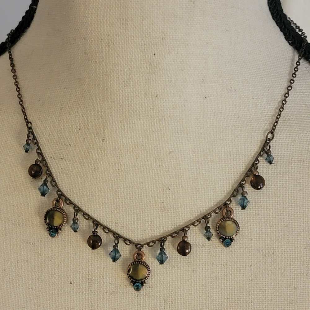 Vintage Style Boho Green Blue Beaded Necklace & Dangle Earrings Set